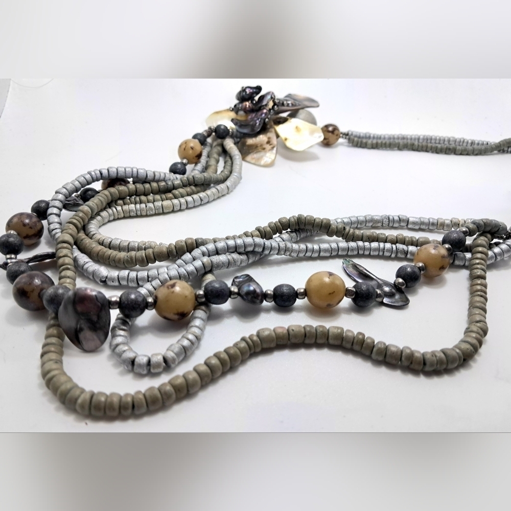 Multi Strand Layered Mother Of Pearl Silver Tone Necklace - Picture 2 of 3